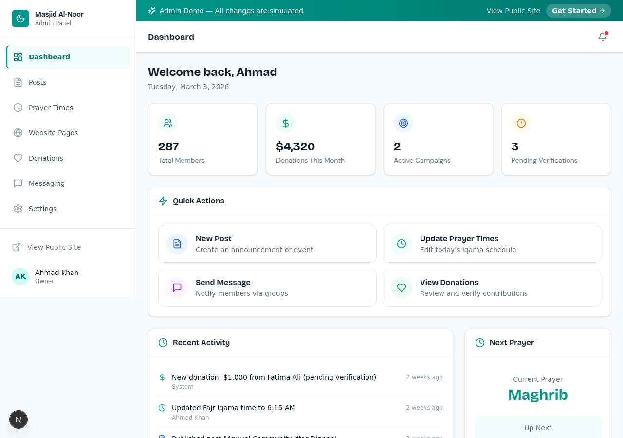 Jamaa admin dashboard showing stats, quick actions, and recent activity