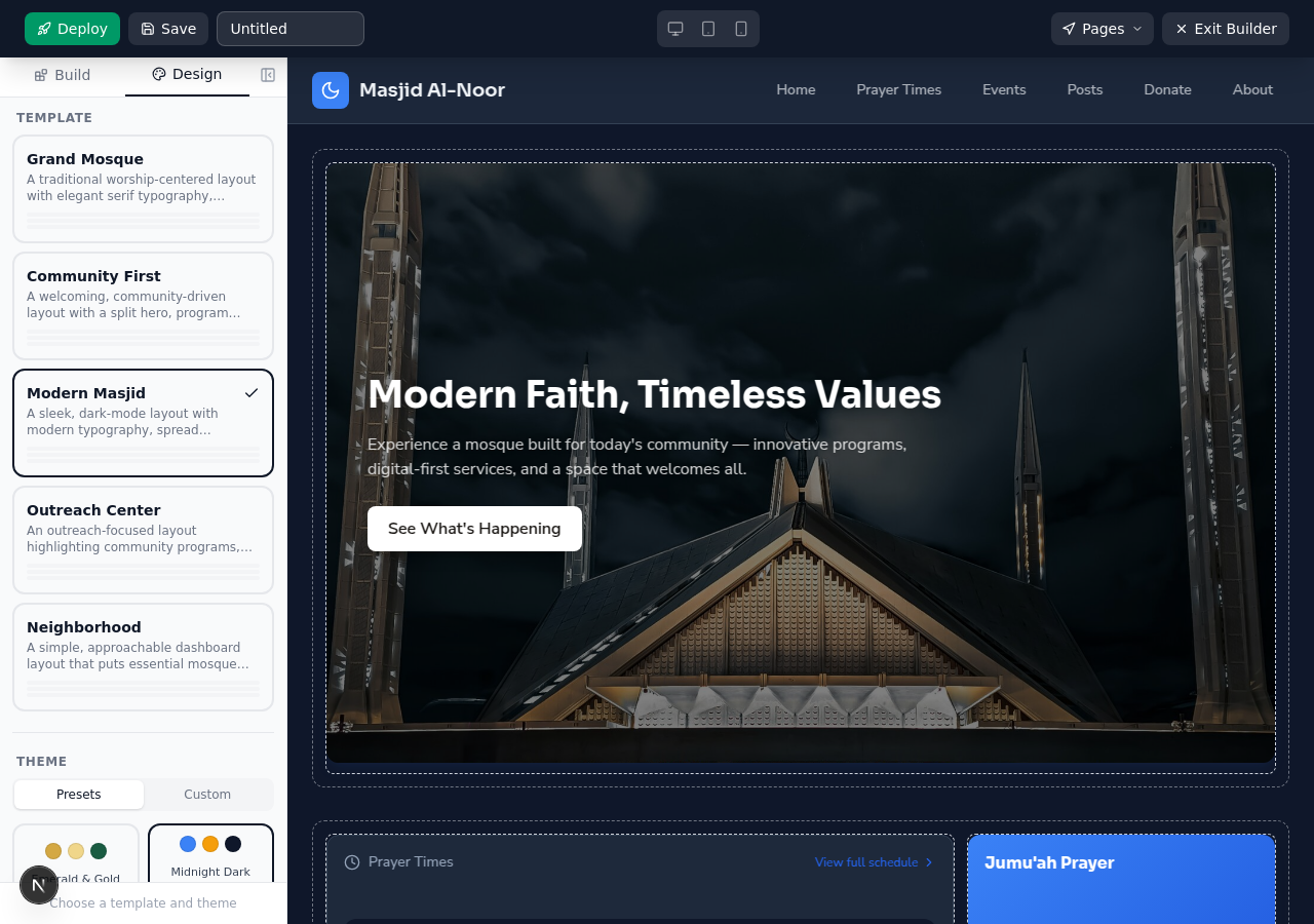Jamaa Design Panel showing template and theme selection inside the visual builder
