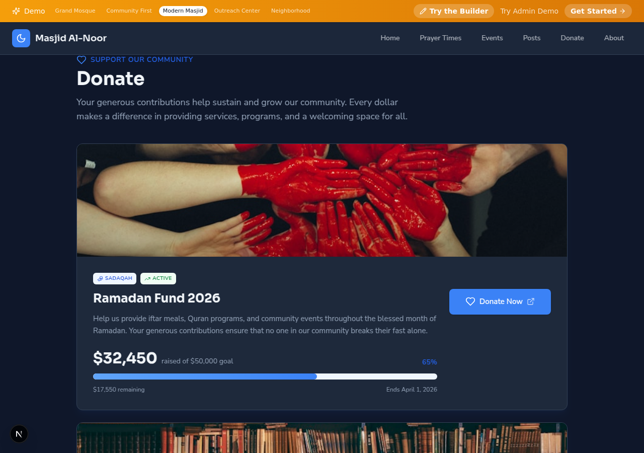 Donations page showing Ramadan Fund campaign with progress bar