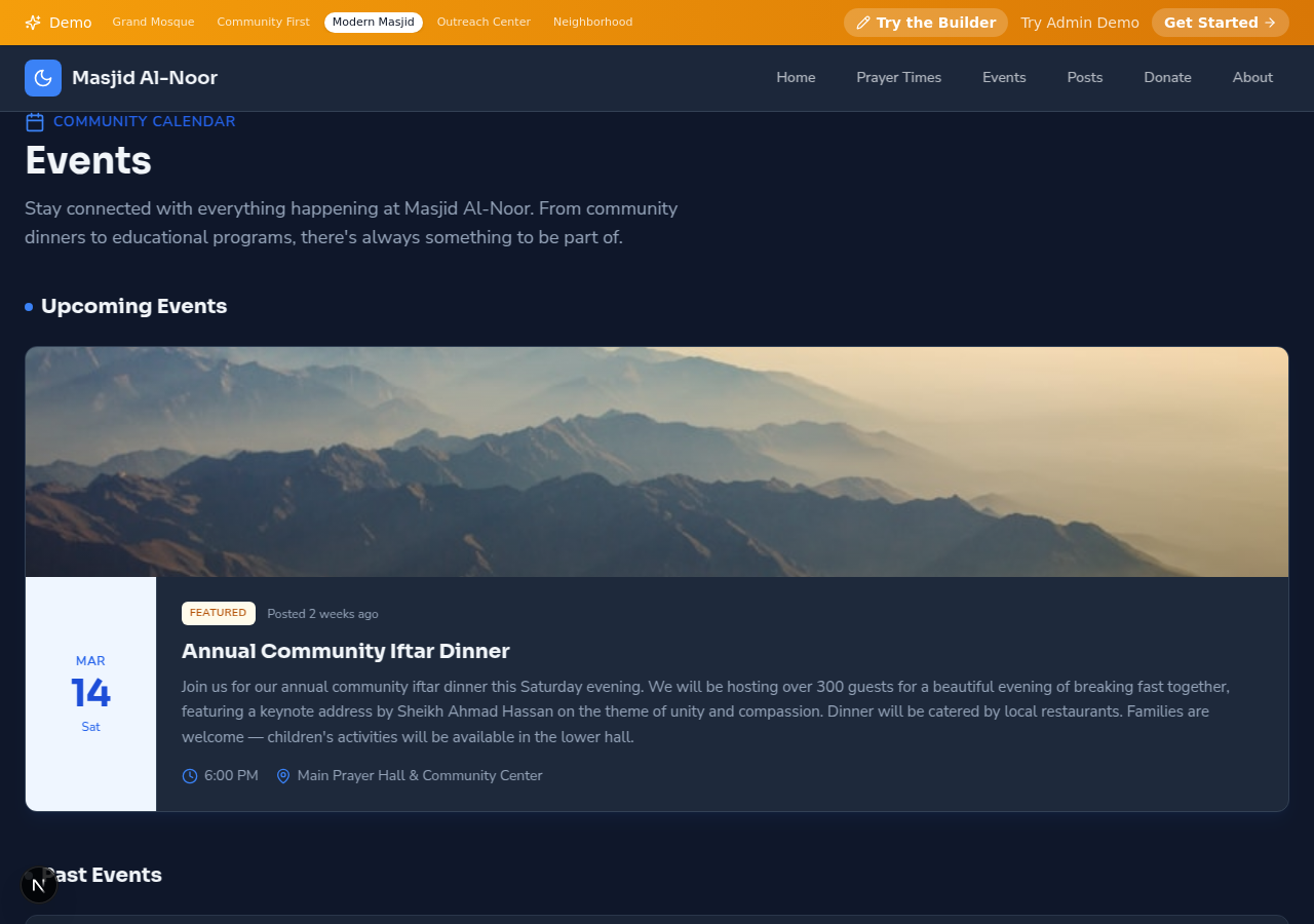 Events page showing upcoming community events with cover images