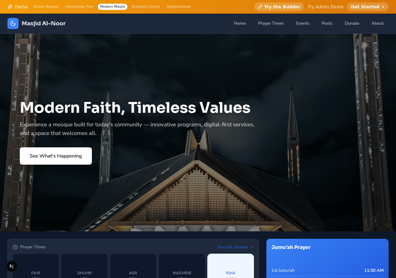 Modern Masjid template — dark theme with spread navigation