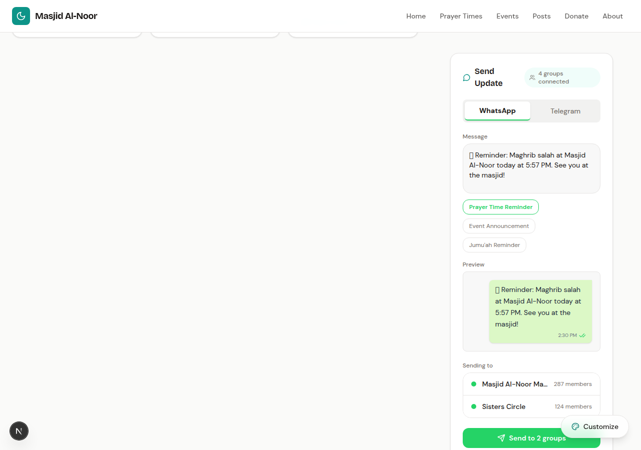 WhatsApp and Telegram integration for community messaging